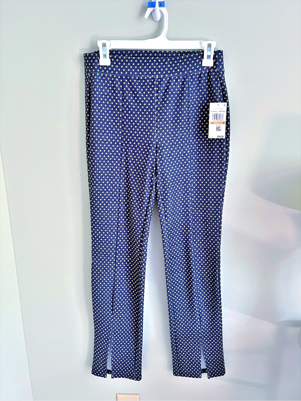 Michael Kors navy blue and gold geometric print pants with split hemline